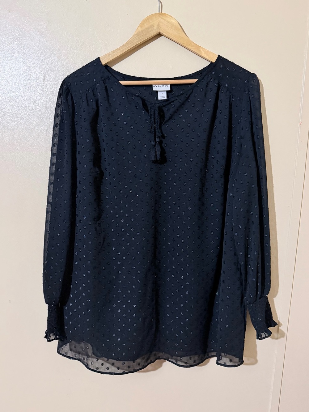 Ava & Viv Black Swiss Dot Tie-Neck Blouse